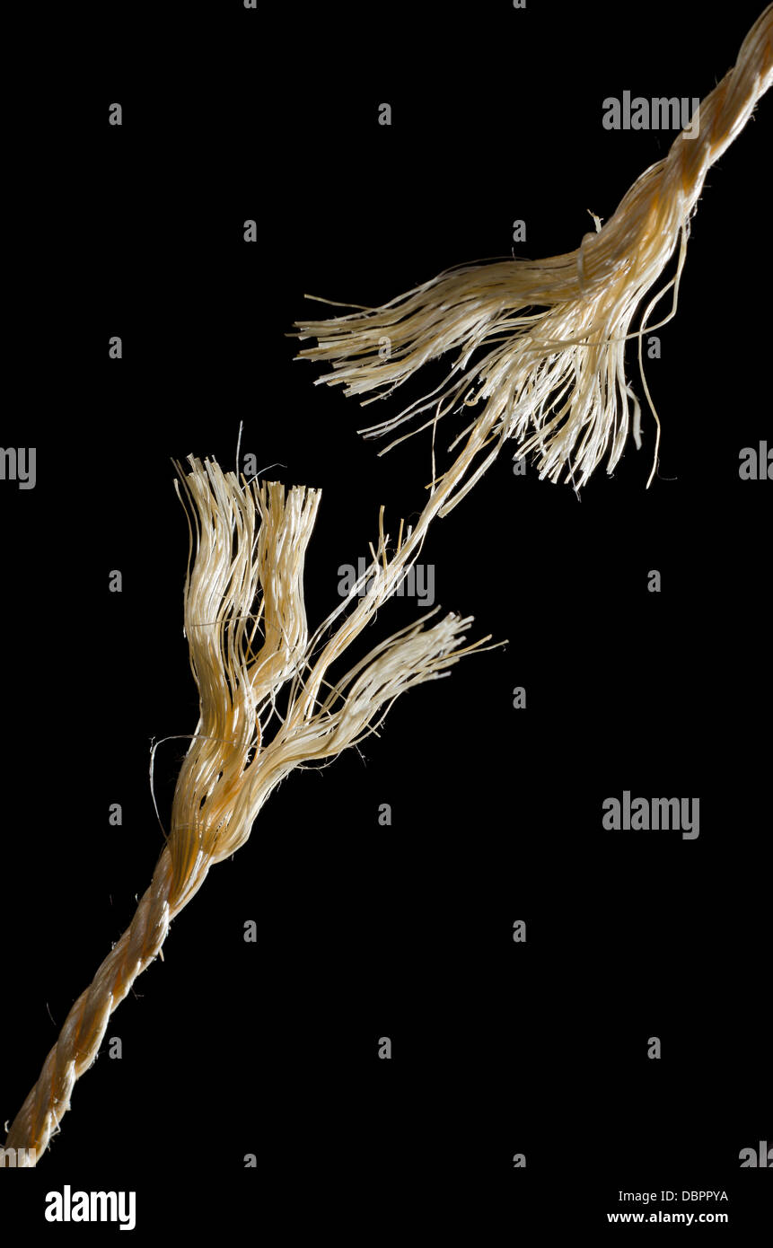 Corda sfilacciata circa la rottura. Su sfondo nero Foto Stock