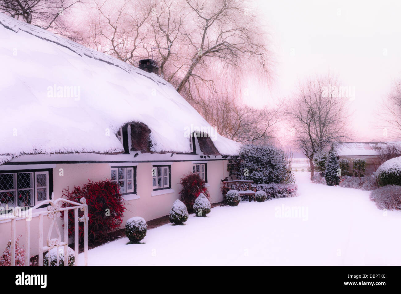 Una nuova caduta di neve copre tradizionalmente un cottage con tetto di paglia nel sonnolento villaggio di Croston, Lancashire, Inghilterra. Foto Stock