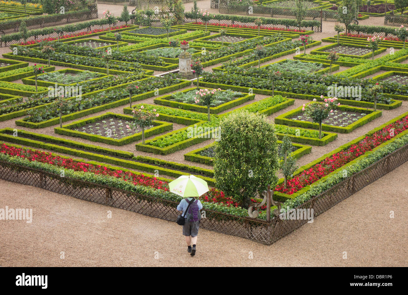 Lone figura sotto un ombrello nei giardini del castello di Villandry, durante un pesante doccia a pioggia Foto Stock