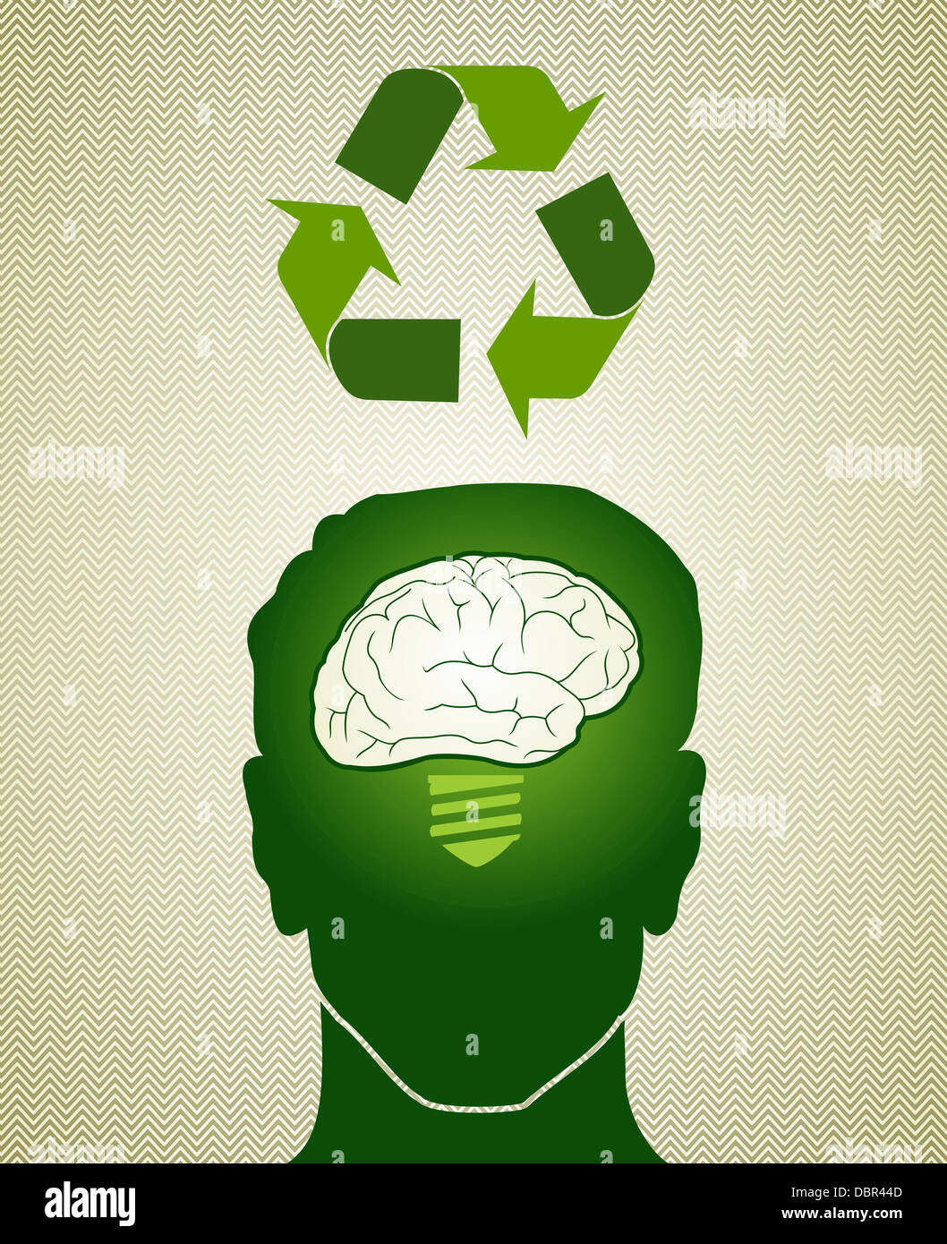 Testa di uomo con il cervello idea verde e il simbolo di riciclaggio. Questa illustrazione vettoriale è stratificata per una facile manipolazione e colorazione personalizzata Foto Stock