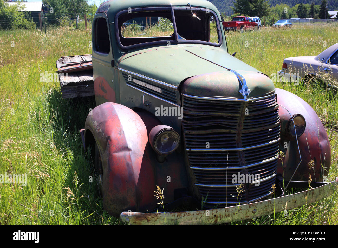 Vecchio carrello nel bacino nel Montana Foto Stock