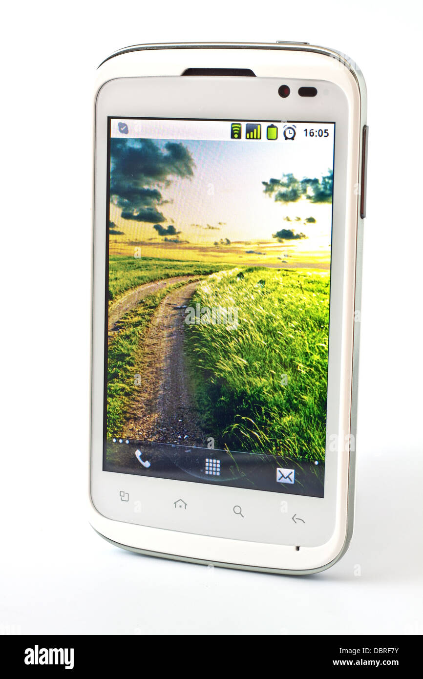 White smart telefono cellulare con touch screen Foto Stock