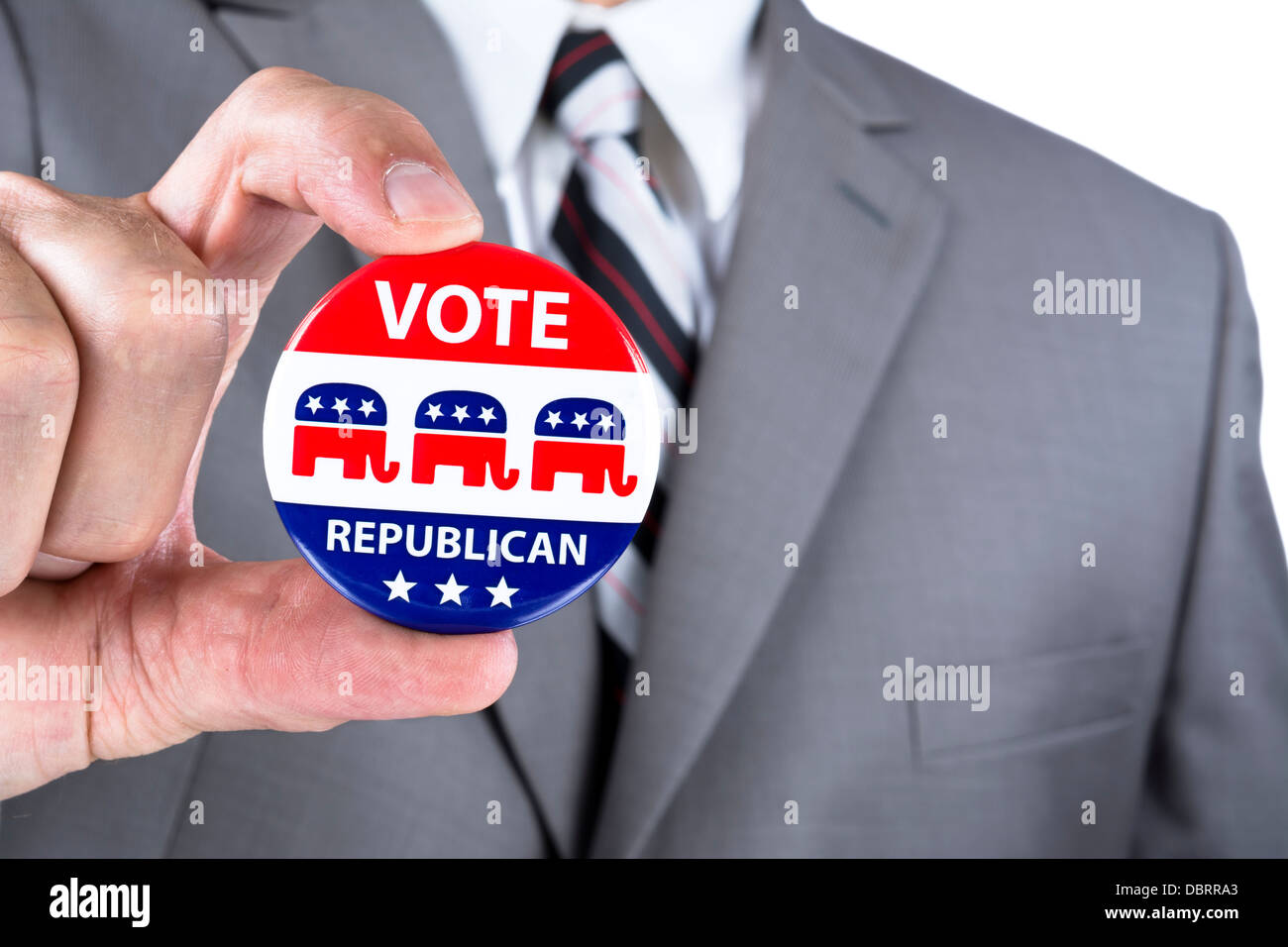 Una campagna elettorale politico che mostra il suo repubblicano badge politici durante il periodo delle elezioni negli Stati Uniti Foto Stock