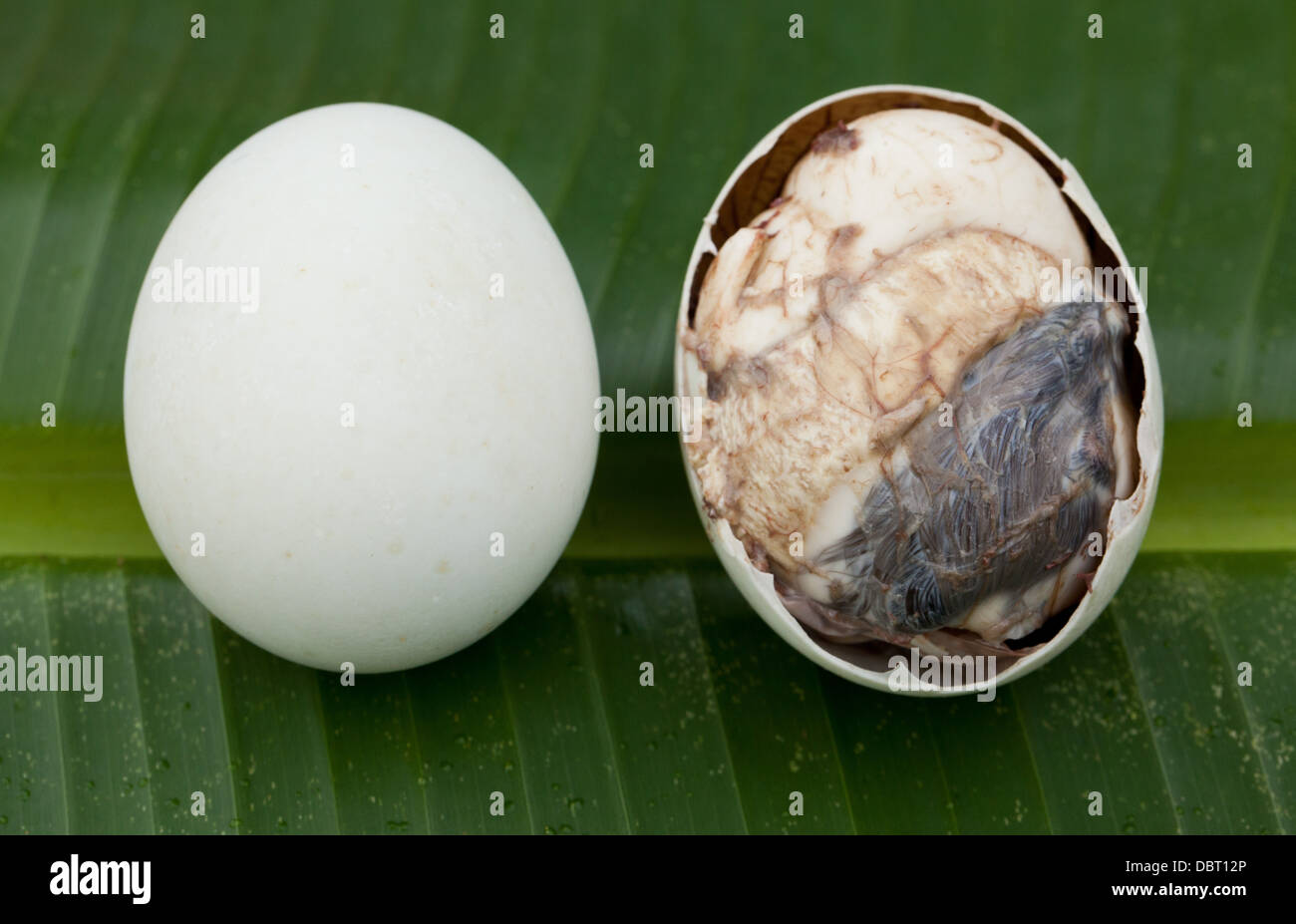 Un parzialmente aperto balut, o fecondate Duck egg, raffigurato su foglia di banano accanto ad un intero uno in Oriental Mindoro, Filippine. Foto Stock