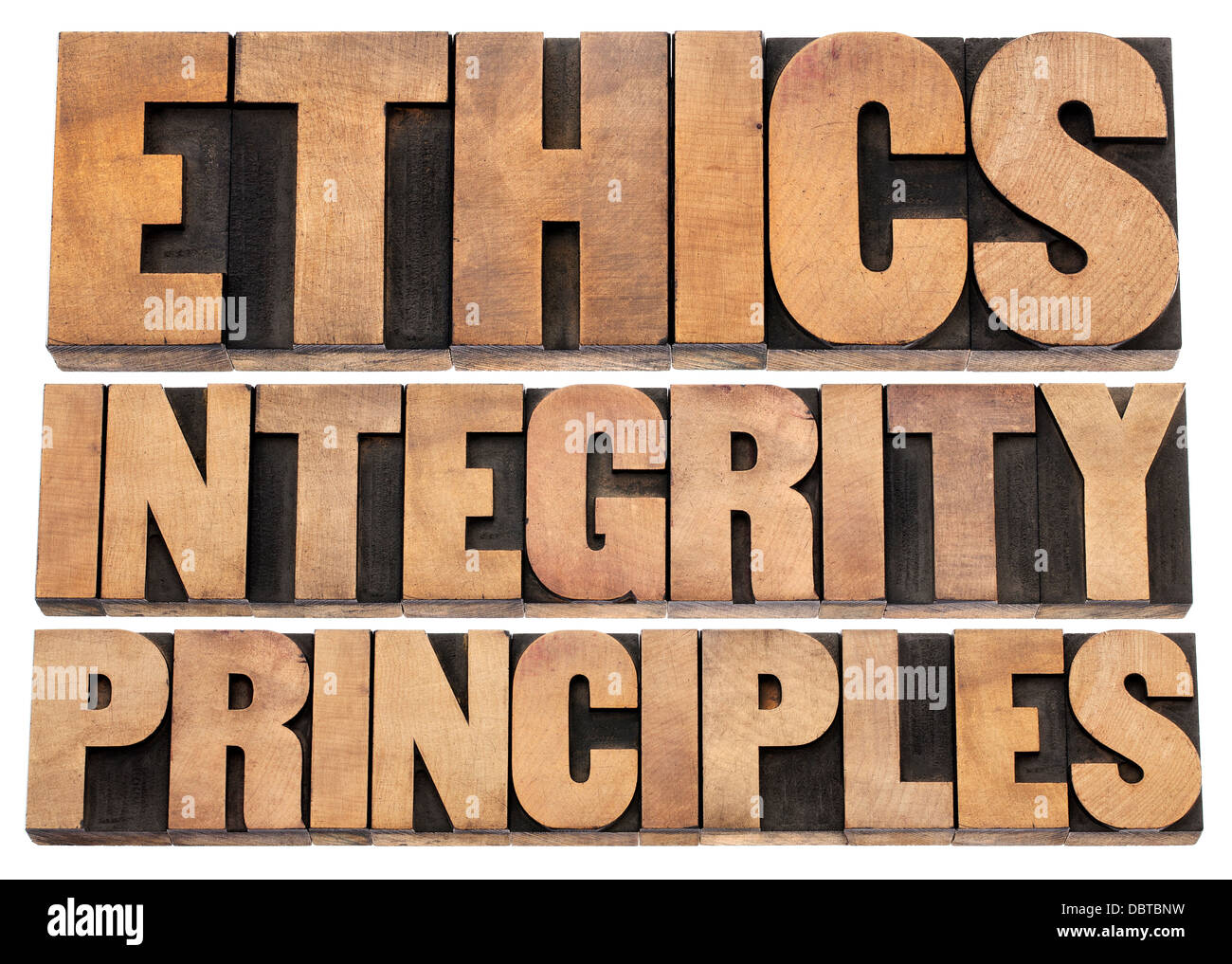 Etica e integrità e di principi astratti di word - testo isolato in rilievografia vintage tipo legno Foto Stock