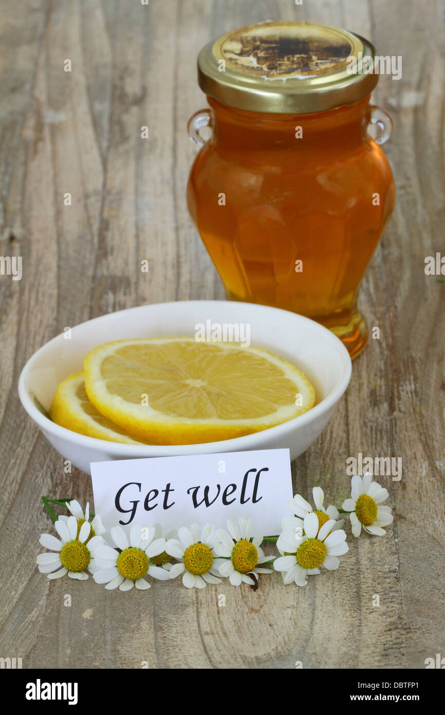 Get Well card, camomilla, succo di limone e il miele Foto Stock