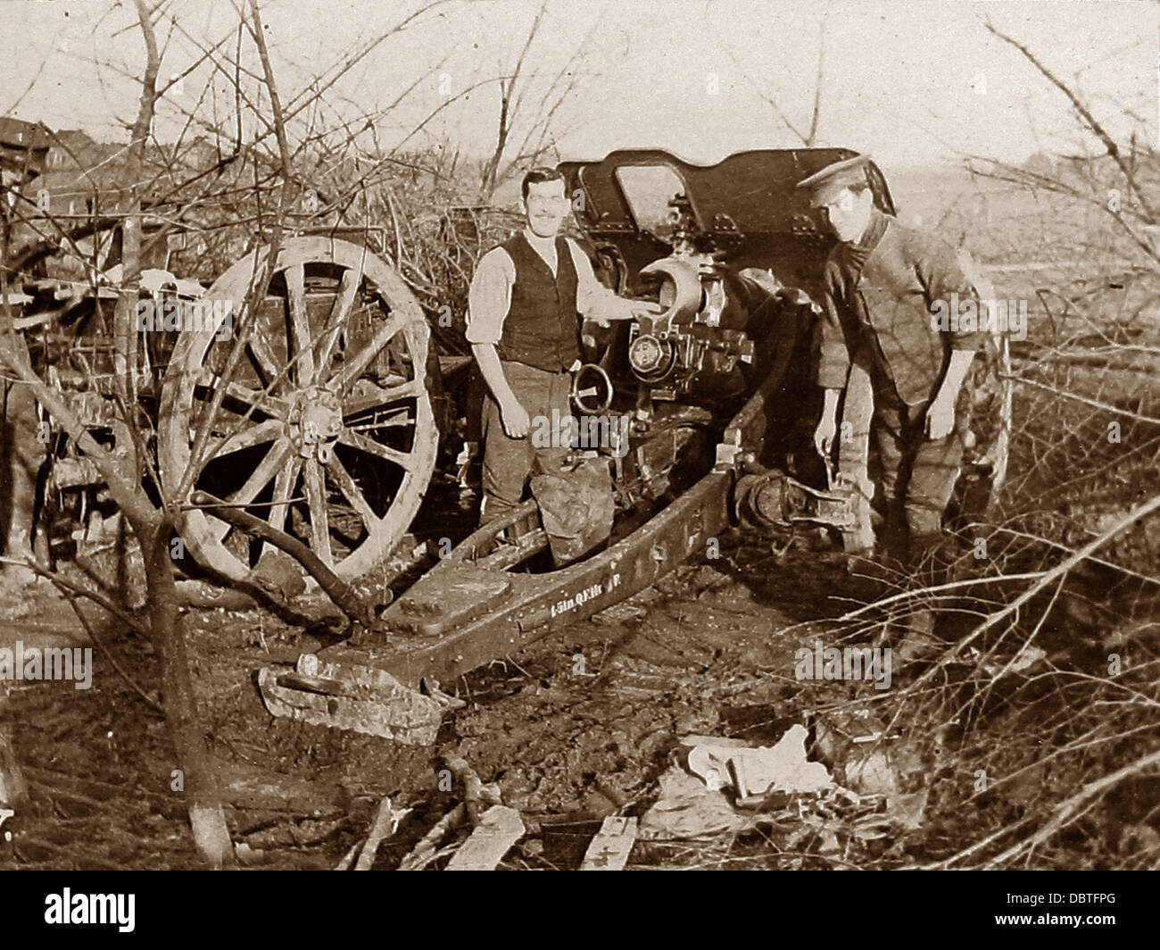 Campo britannico obice in Francia durante il WW1 Foto Stock