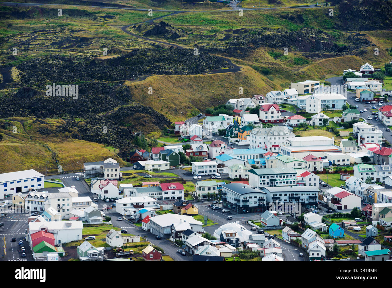 Città di Heimaey, Isola di Heimaey, Vestmannaeyjar, vulcaniche Isole Westman, Islanda, regioni polari Foto Stock
