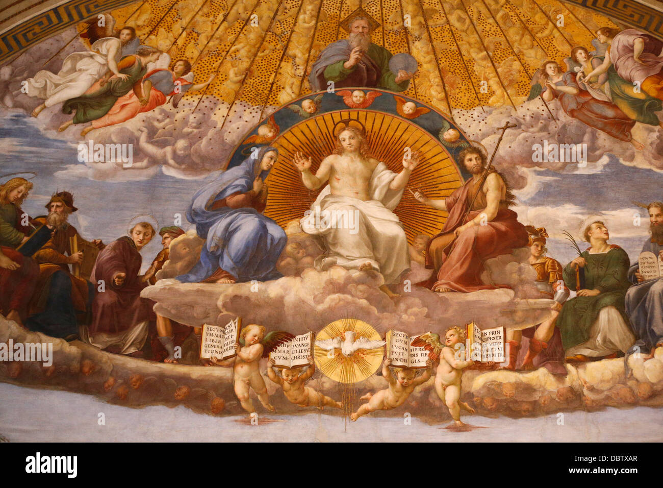 La verniciatura della disputa oltre il Santissimo Sacramento, 1509-1510. Raffaello, Museo del Vaticano, Vaticano, Roma, lazio, Italy Foto Stock