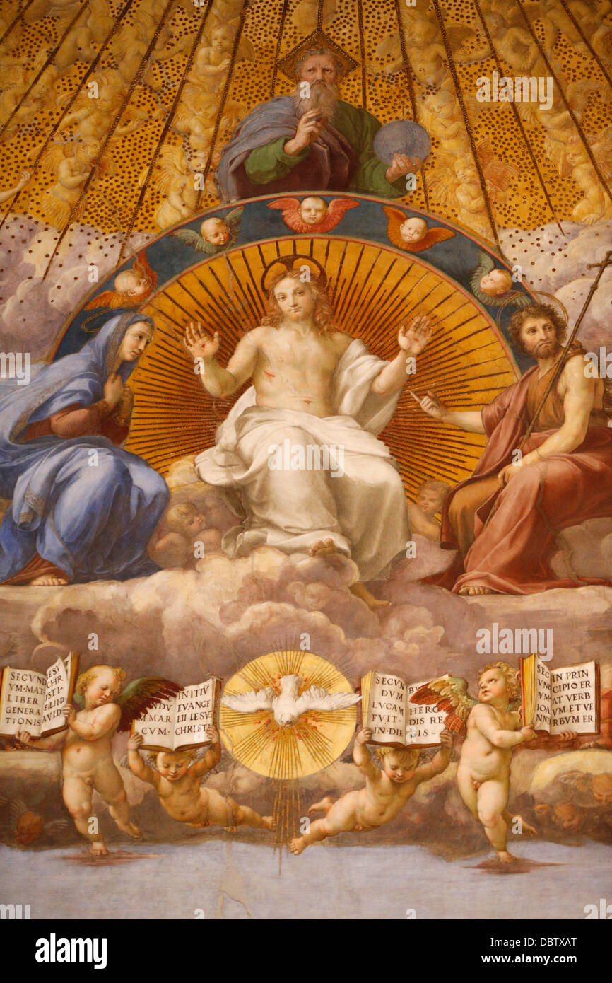 La verniciatura della disputa oltre il Santissimo Sacramento, 1509-1510. Raffaello, Museo del Vaticano, Vaticano, Roma, lazio, Italy Foto Stock