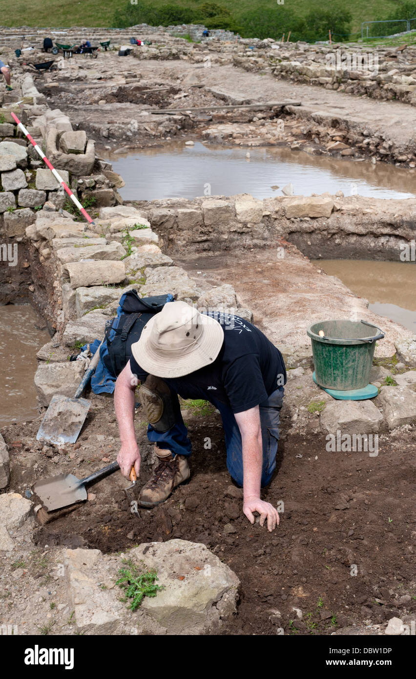 Archeologo funzionante a Vindolanda Foto Stock