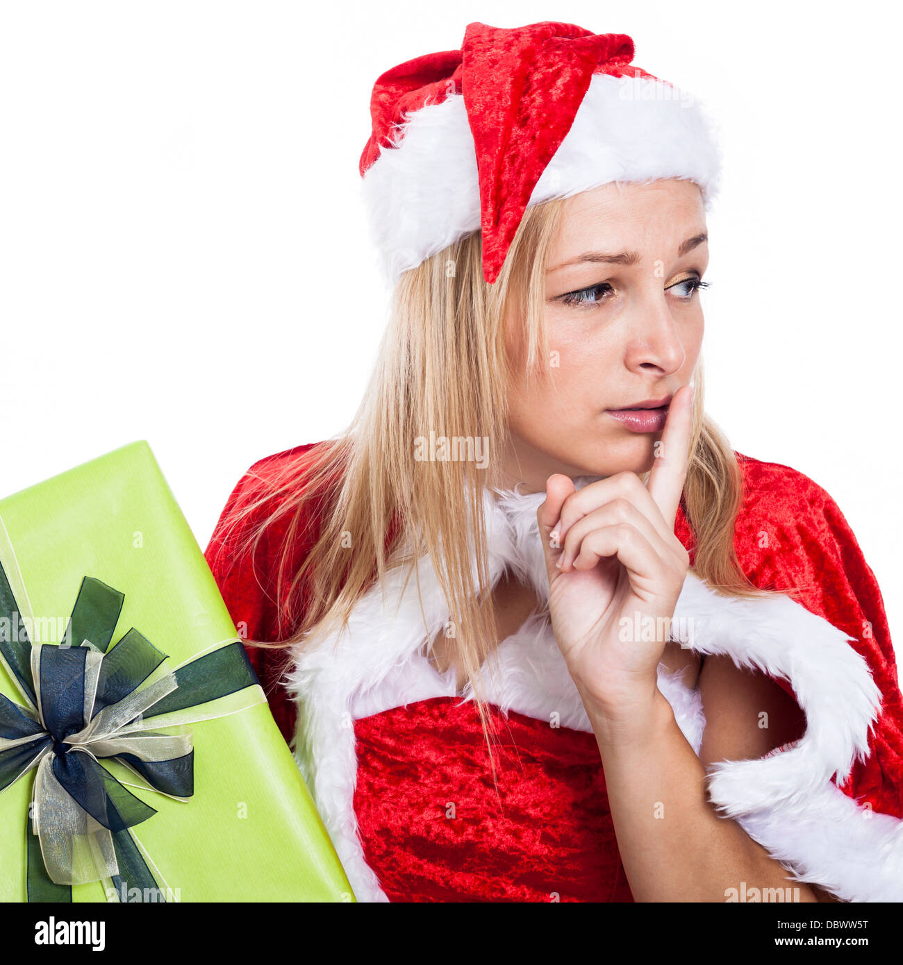 Primo piano della preoccupati donna natale, isolato su sfondo bianco. Foto Stock