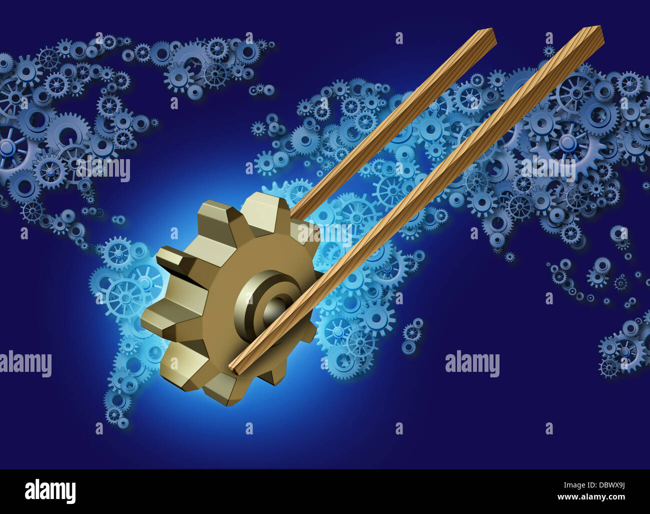 Asia esportare il concetto di business per il commercio globale come una coppia di bacchette di legno di trasportare un tridimensionale di ingranaggio o cog icona del settore su un gruppo di ingranaggi e ruote dentate è conformato come una mappa del mondo per asiatici partner globali. Foto Stock