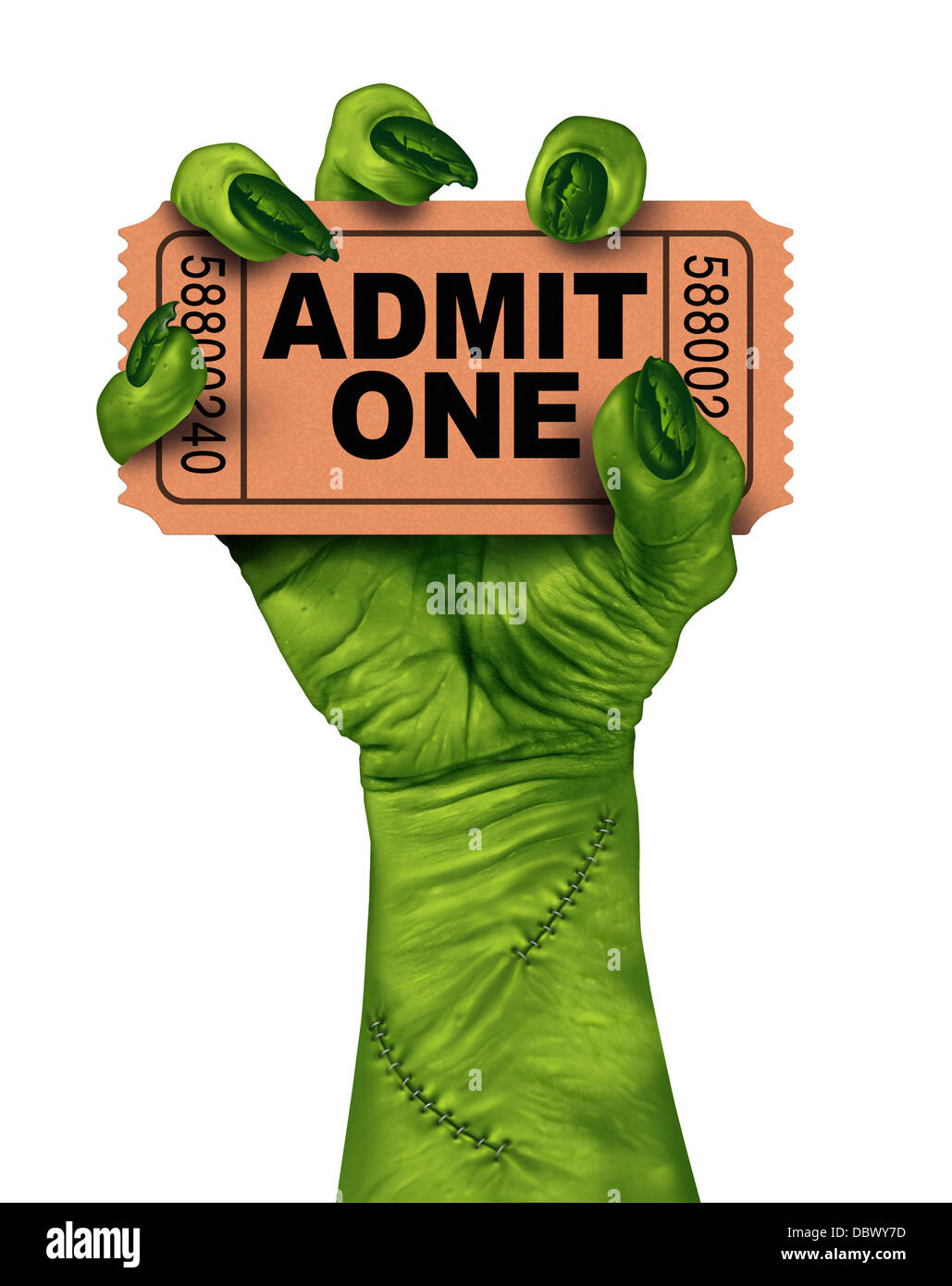Monster film con uno zombie mano che tiene un cinema o teatro ticket stub come creepy halloween o spaventoso simbolo di intrattenimento con trama di pelle verde e punti isolati su uno sfondo bianco. Foto Stock