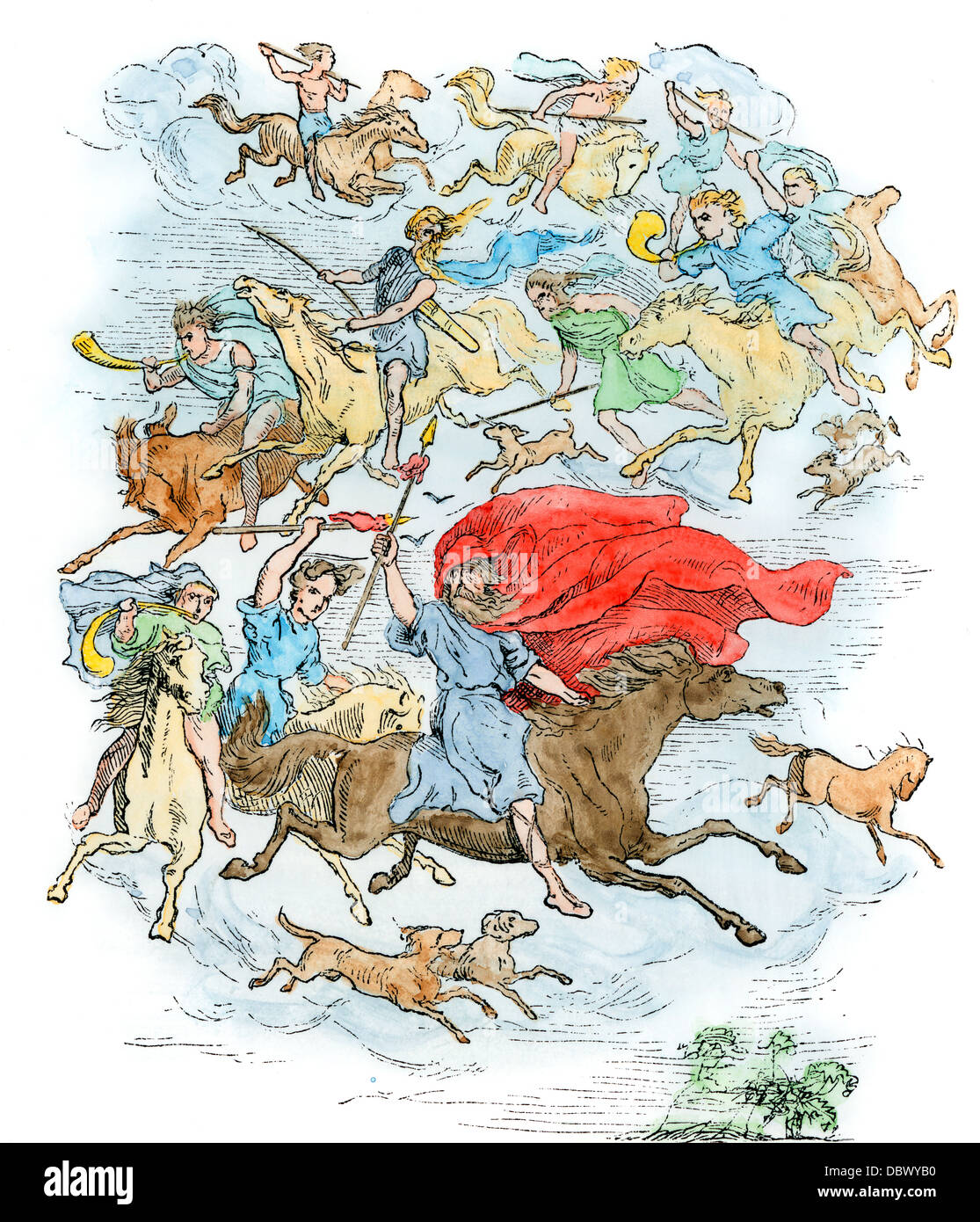 Norse divinità Odin è raffigurato come un wild huntsman. Colorate a mano la xilografia Foto Stock