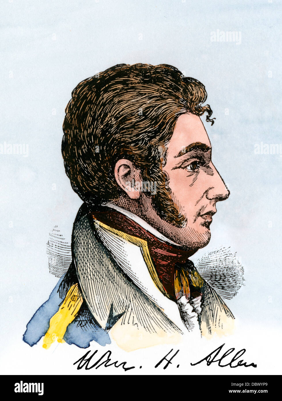 US Naval officer William Henry Allen, ucciso nella guerra del 1812. Colorate a mano la xilografia Foto Stock