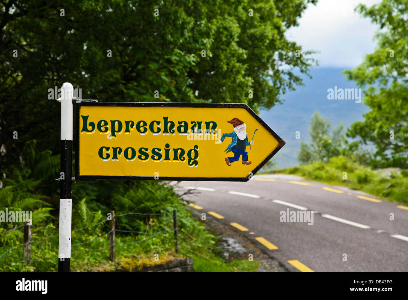 Funny Leprechaun strada segno di attraversamento segno direzionale in Irlanda, paesaggi Europa, umorismo pubblicità Foto Stock