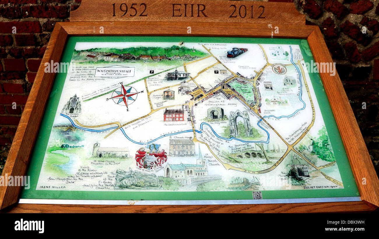 Walsingham, visitatore trail Mappa display, Norfolk England Regno Unito città guida mappa Foto Stock
