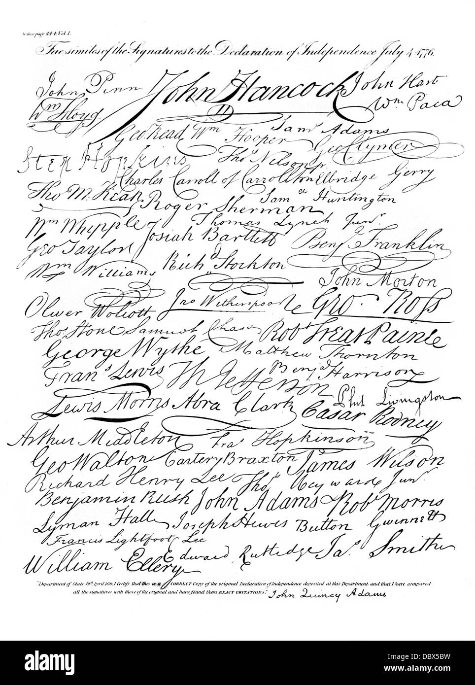 1700s 1776 4 luglio FACSIMILIES DI alla firma dei firmatari della dichiarazione di indipendenza Foto Stock