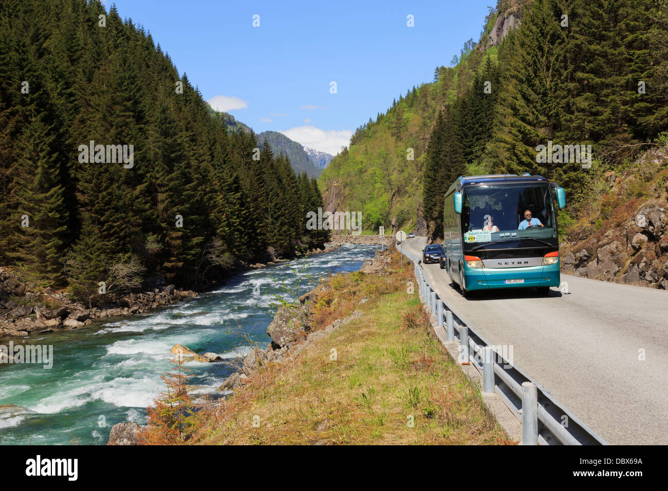 I turisti tedeschi sightseeing allenatore sulla stretta stradina di montagna 13 attraverso la valle del fiume vicino a Odda, Hardanger, Hordaland, Norvegia Foto Stock