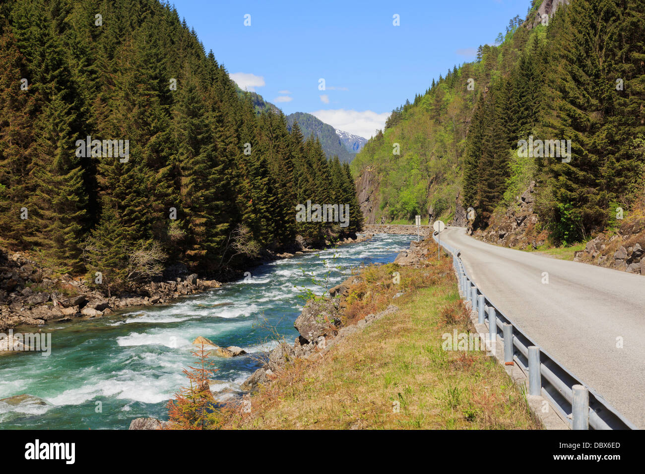 Svuotare stretta stradina di montagna 13 attraverso Oddalen River Valley vicino a Odda, Hardanger, Hordaland, Norvegia e Scandinavia Foto Stock