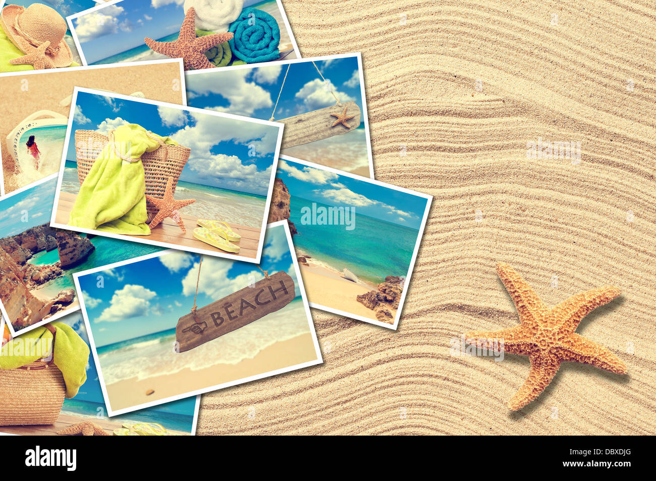 Cartoline vacanza su un sfondo sabbia con stella marina Foto Stock