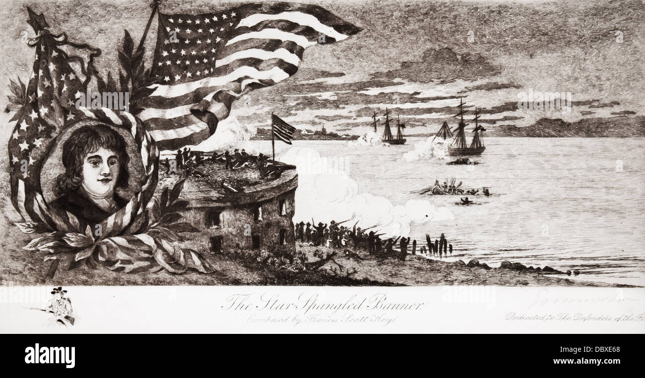 1800s 1810s scena battaglia FORT MCHENRY il porto di Baltimora con inserto di Francis Scott KEY guerra di 1812 Foto Stock