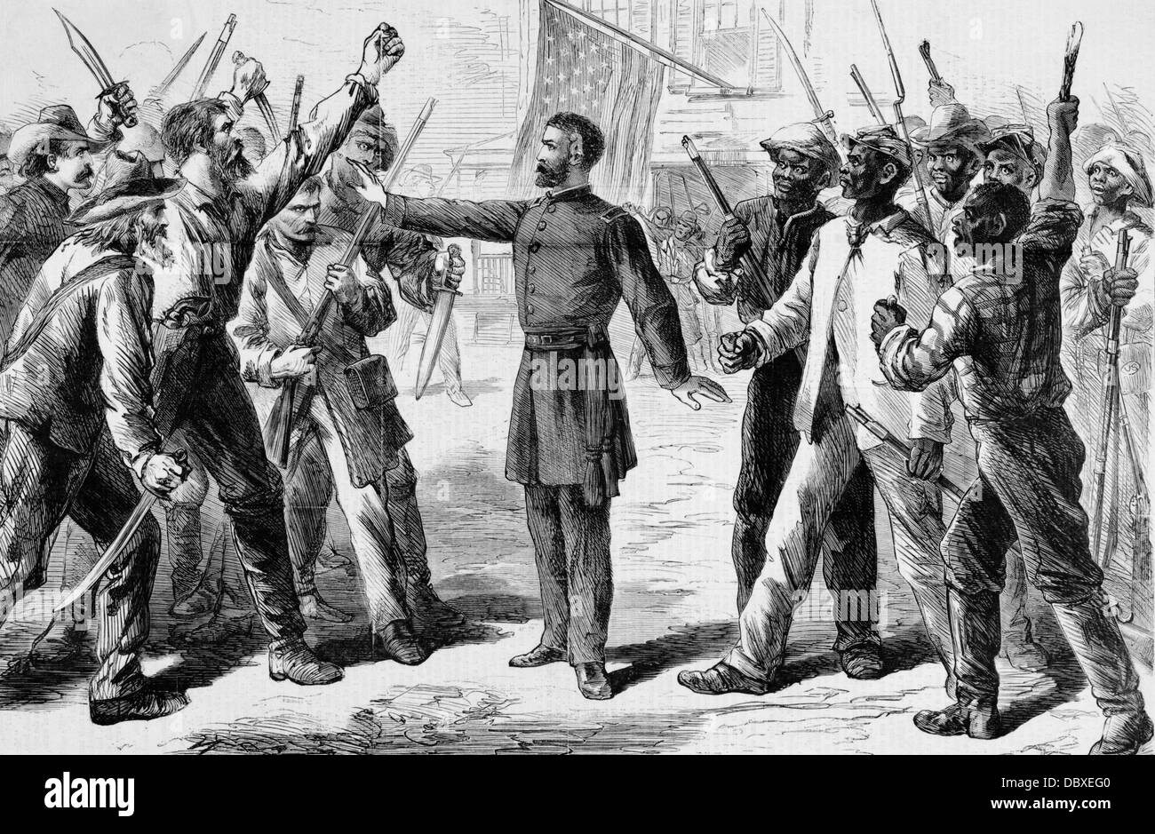 1800s 1860 LIBERTI UFFICIO DELL UNIONE OFFICER ASSESTAMENTI ARRABBIATO DISPUTA TRA I BIANCHI DEL SUD E liberati schiavi 1868 Foto Stock