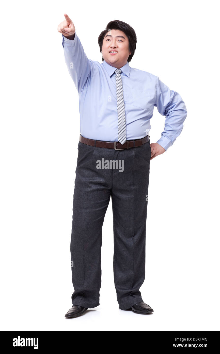 Imprenditore sovrappeso rivolto in avanti Foto Stock
