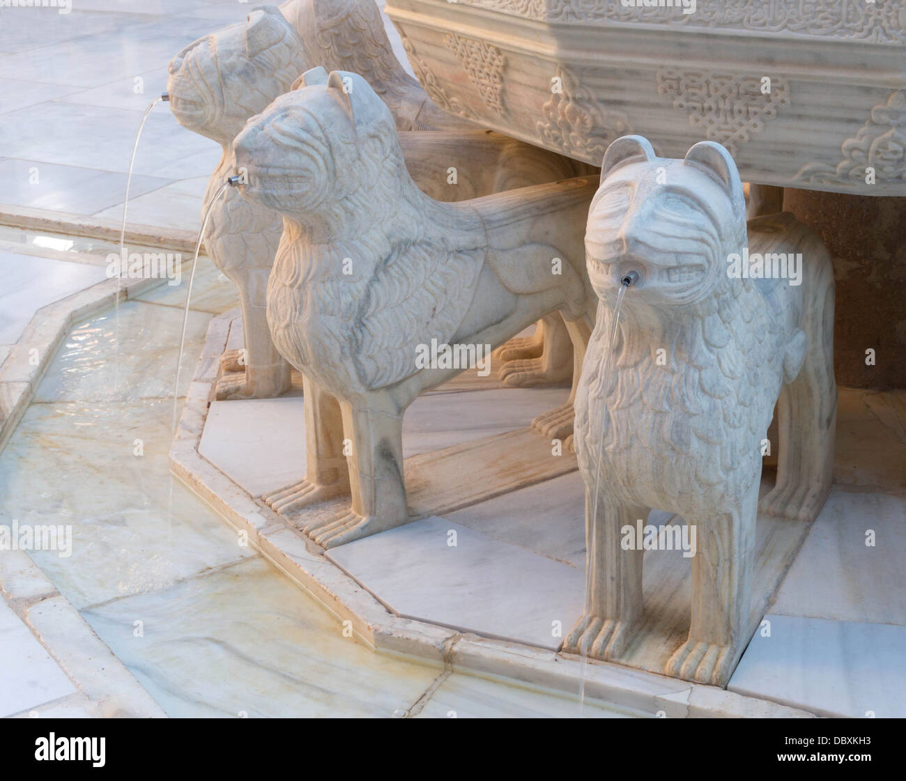 Dettaglio della Fontana dei Leoni", dopo più di dieci anni di restauro, Patio de Los Leones, Alhambra di Granada, Spagna. Foto Stock