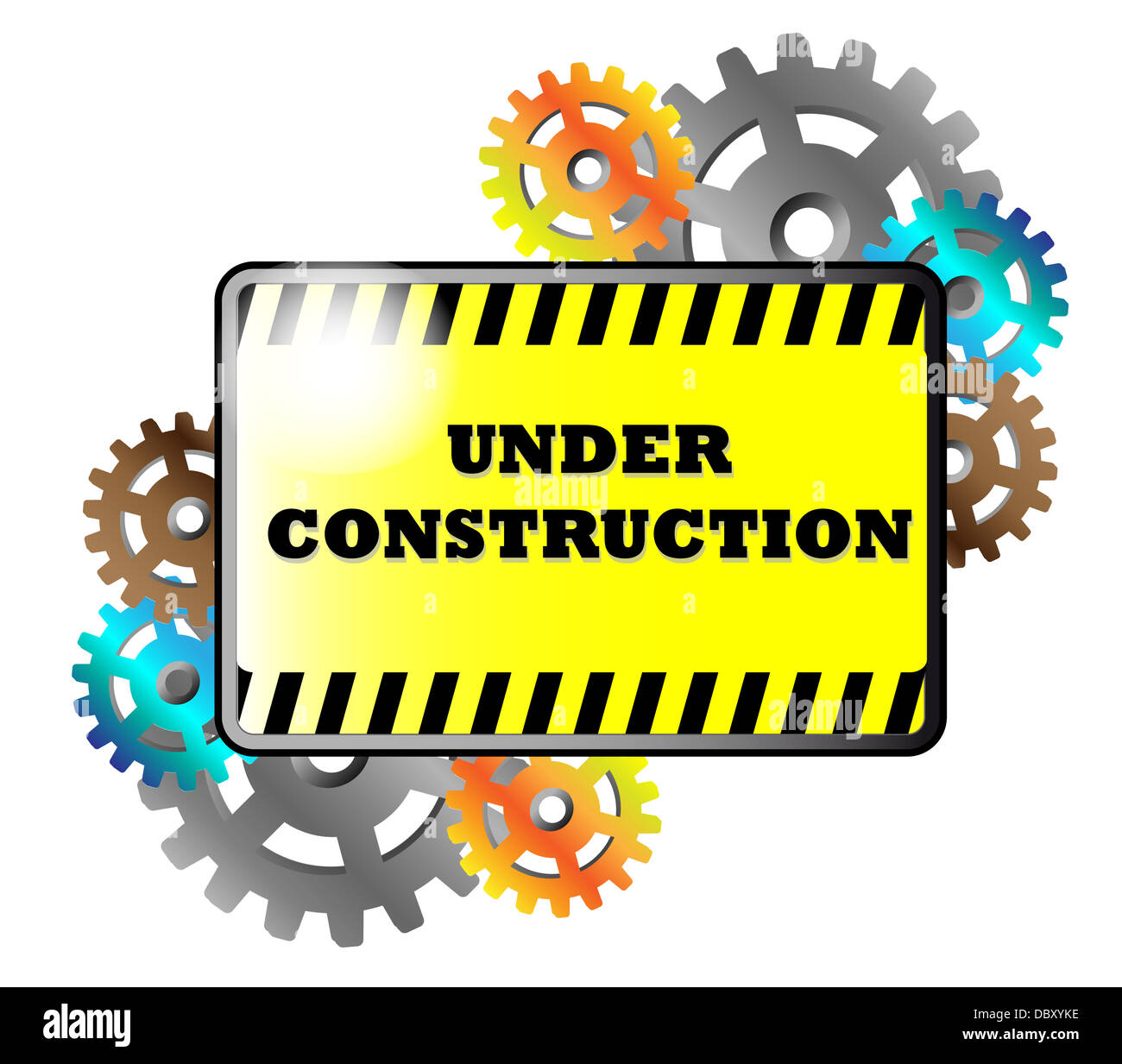 Cartello giallo con gli ingranaggi e il testo in costruzione isolata su sfondo bianco Foto Stock