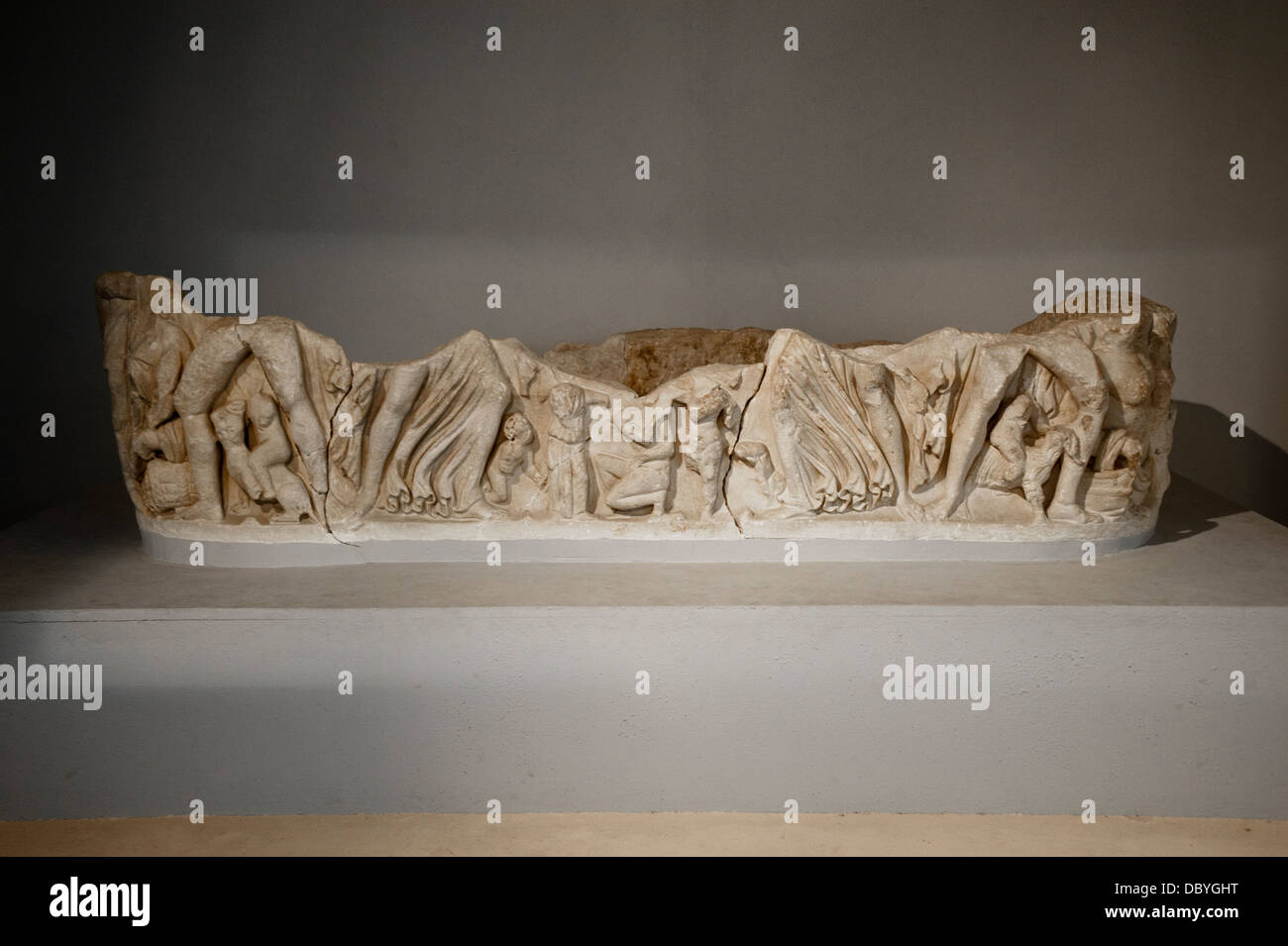 Sarcofago romano . Museo della Basilica Tardorromana Ceuta . Spagna. Foto Stock