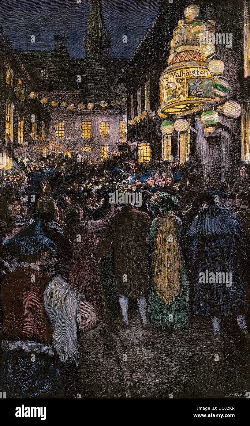 Celebrazione dopo George Washington inaugurazione, New York City, 1789. Colorate a mano la xilografia di un Howard Pyle illustrazione Foto Stock