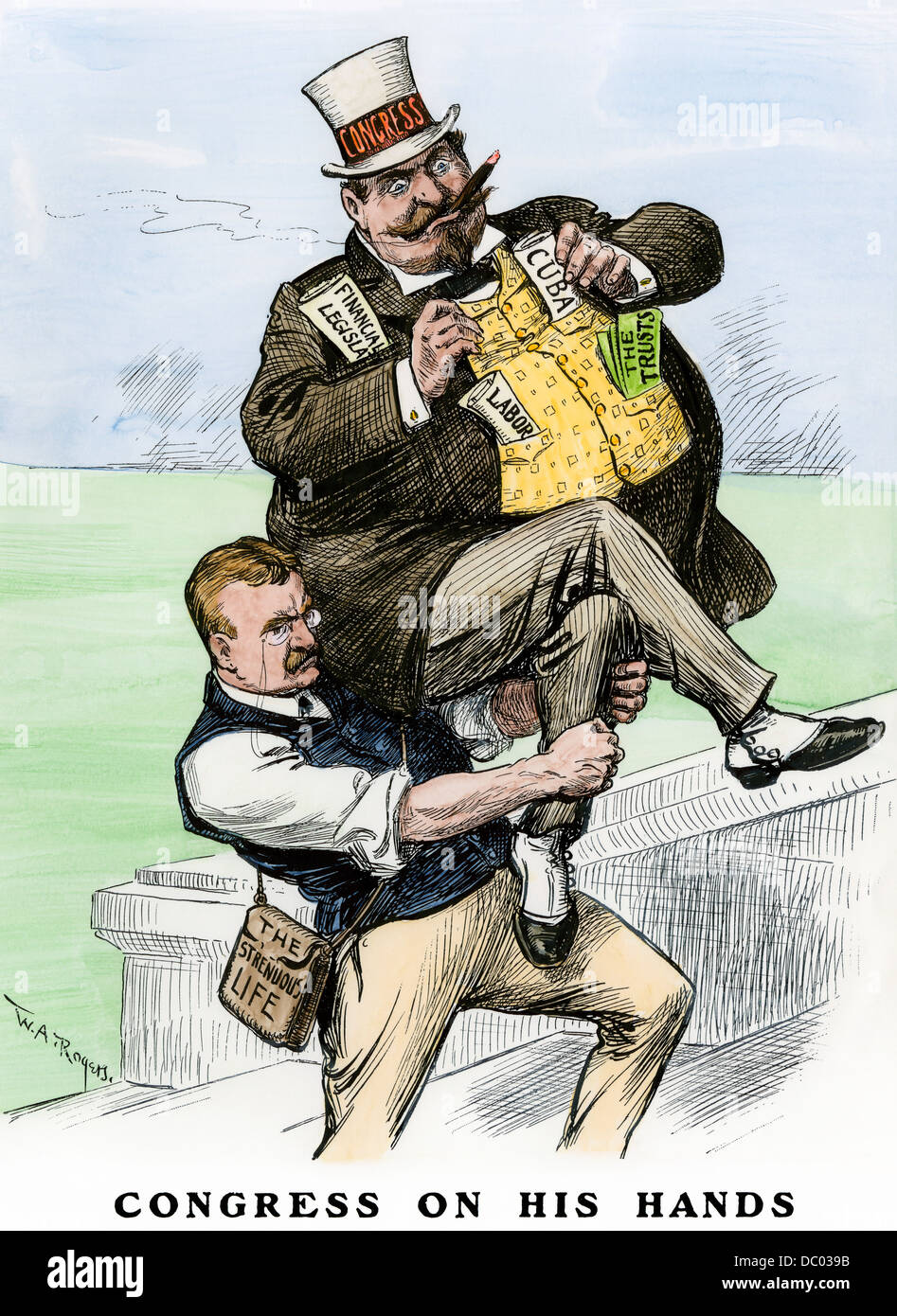 "Congresso sulle sue mani' cartoon del Presidente Theodore Roosevelt che trasportano un grasso dal congressista, 1903. Colorate a mano la xilografia Foto Stock