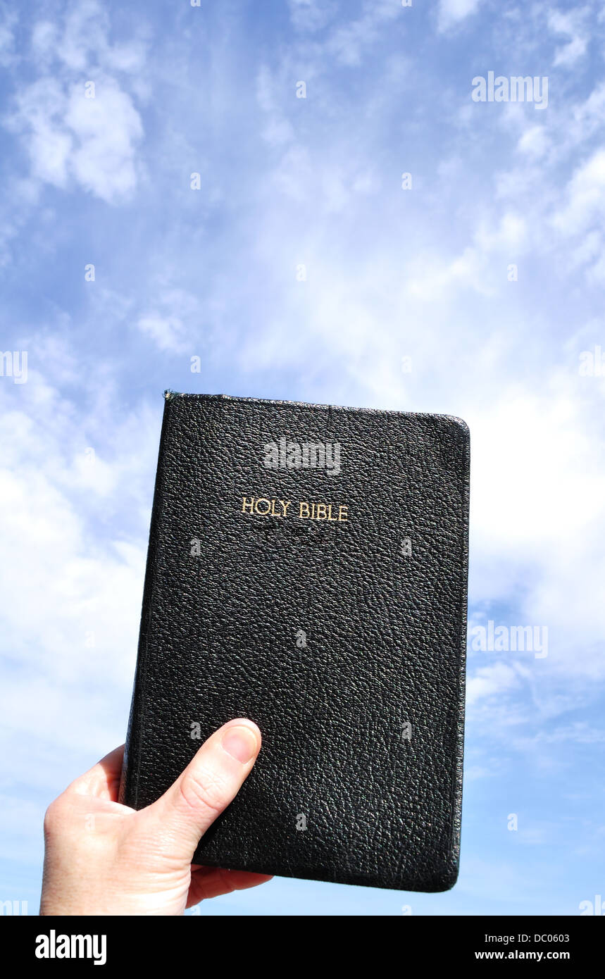 Mano che regge una bibbia Foto Stock