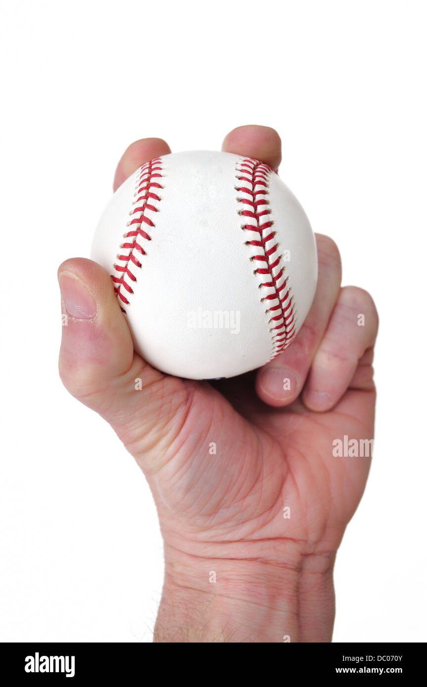 Mano che tiene una palla da baseball e circa a buttare / passo Foto Stock