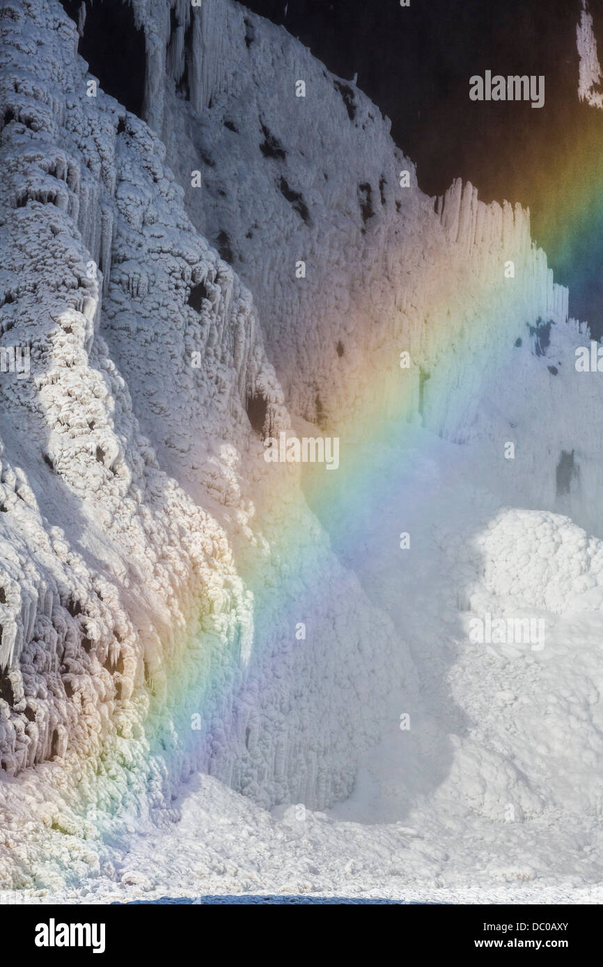 Congelati cascata Skogafoss con arcobaleno, Islanda. Foto Stock