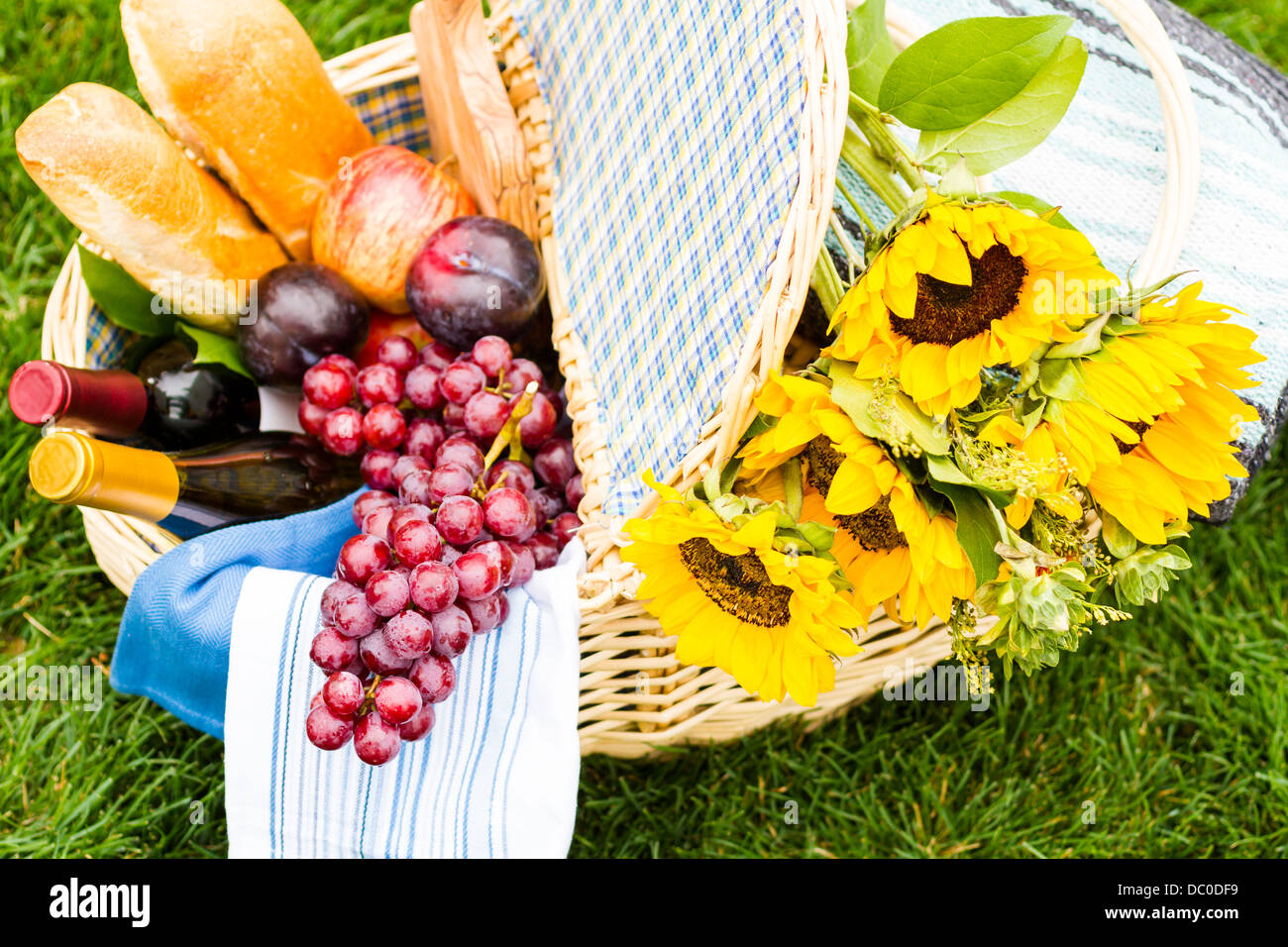 Picnic estivo con un paniere di cibo nel parco. Foto Stock