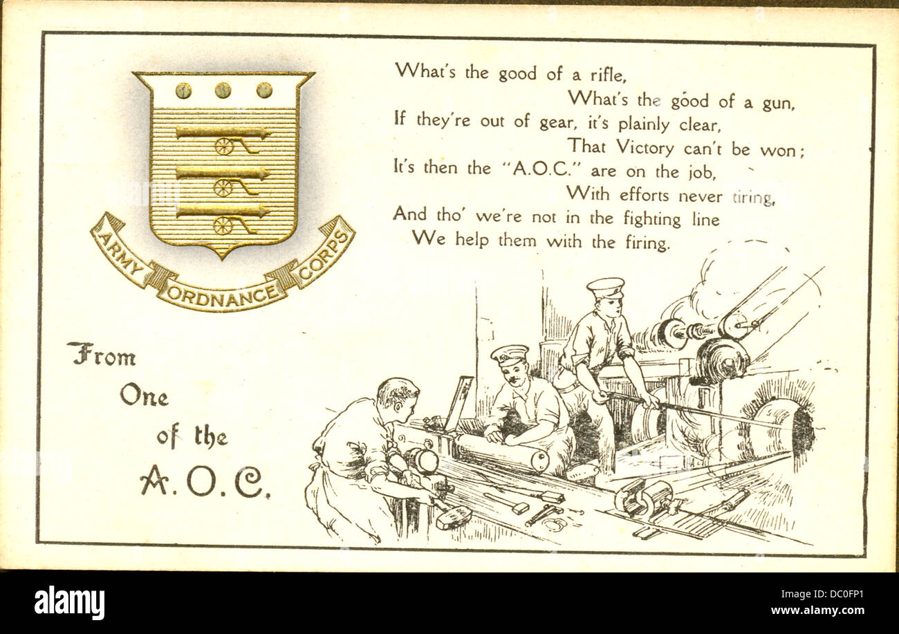 La Prima guerra mondiale patriottica cartolina del reggimento per l'esercito Ordnance Corps Foto Stock