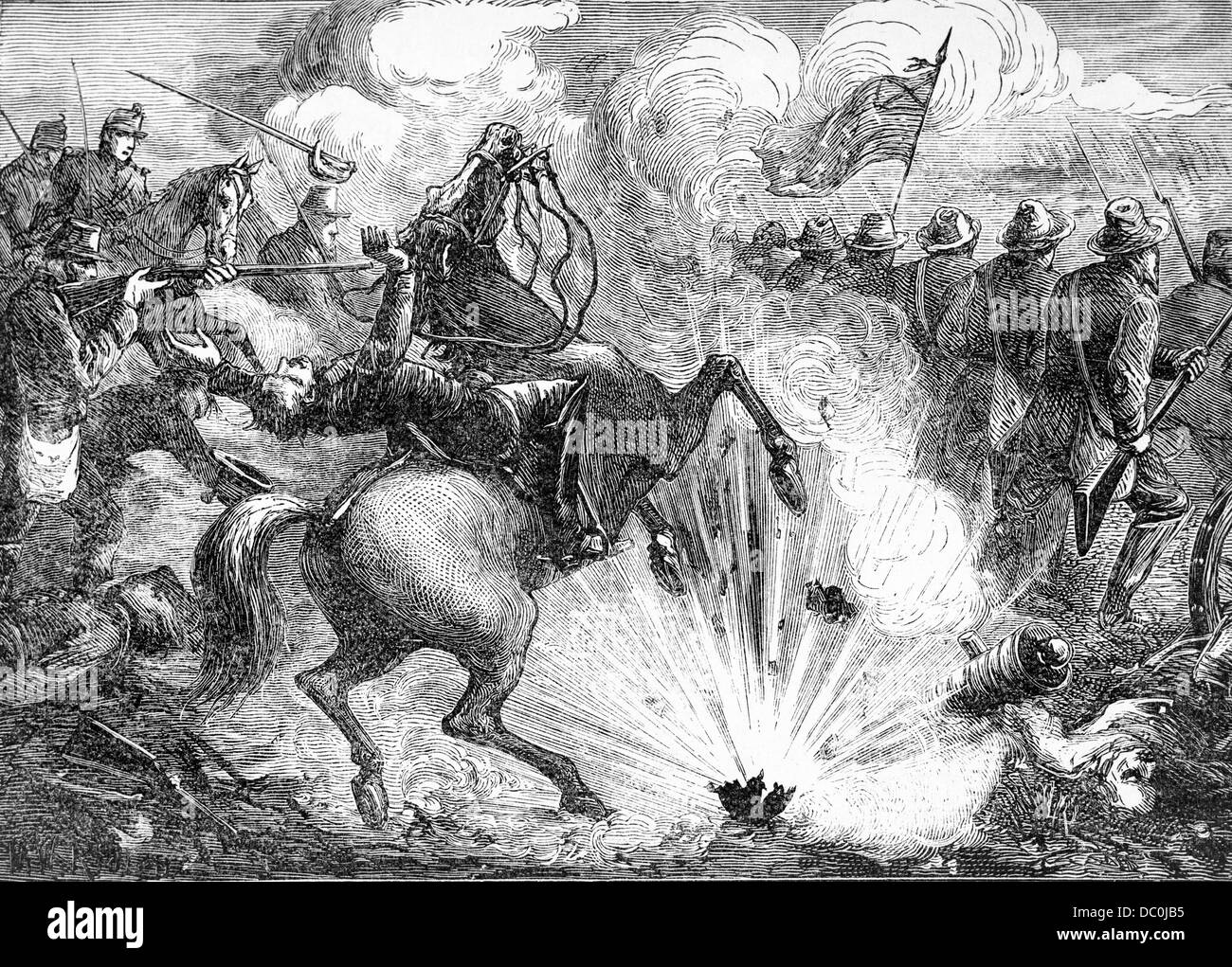 1800s 1860 aprile 1862 battaglia di Shiloh PITTSBURG SBARCO truppe confederate avanzando in esplosione di CANNON FIRE Foto Stock