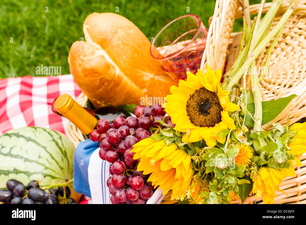 Picnic estivo con un paniere di cibo nel parco. Foto Stock