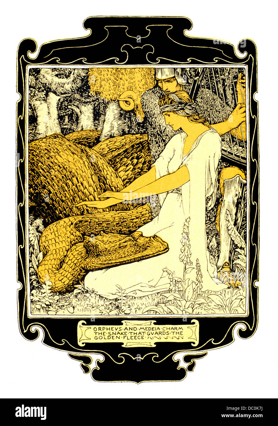 Illustrazione ART NOUVEAU E ORPHEUS MEDEA fascino il serpente che custodisce il vello d'oro della mitologia greca Foto Stock
