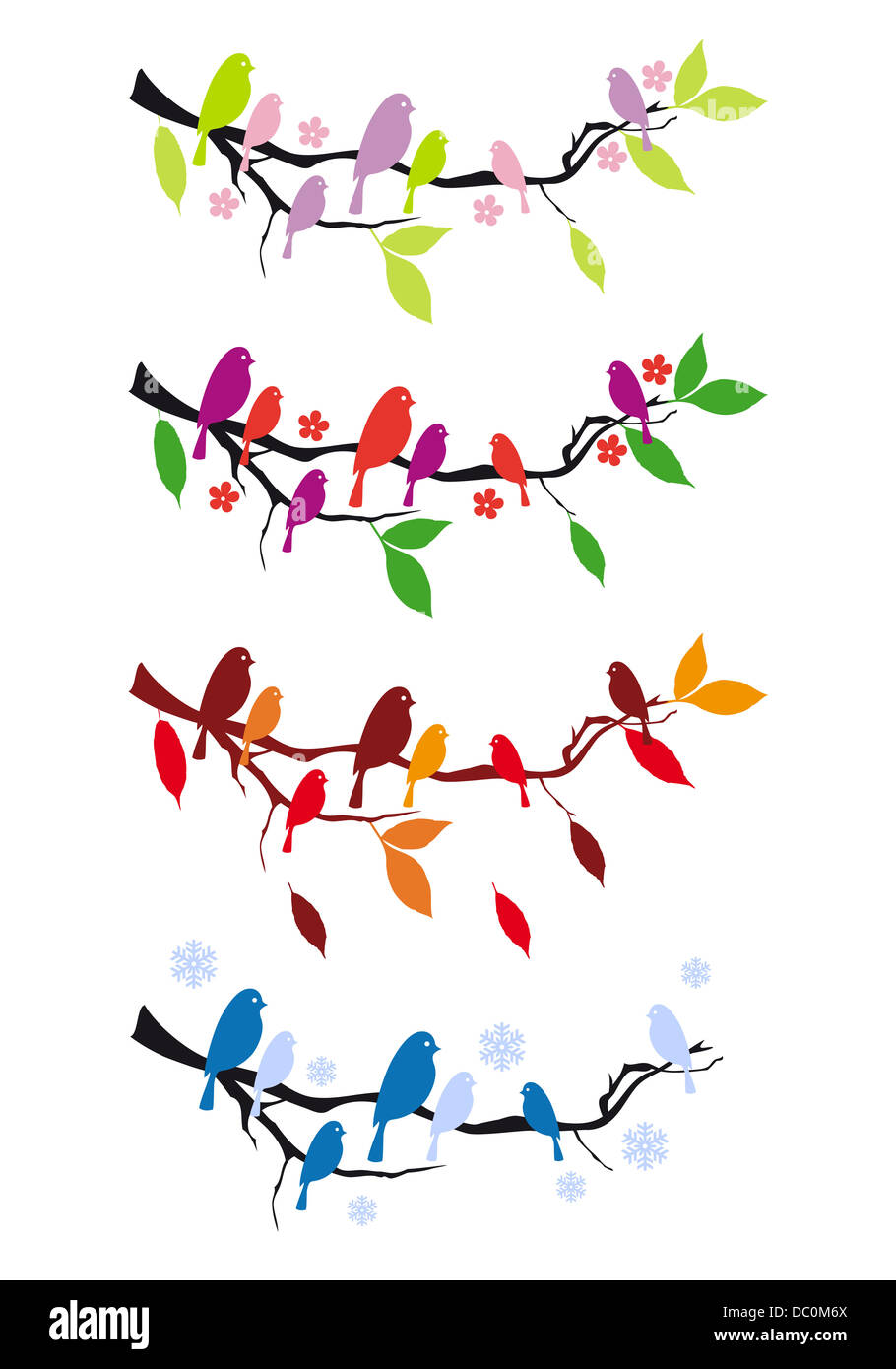 Gli uccelli sul ramo di albero in quattro stagioni, vettore di elementi di design Foto Stock