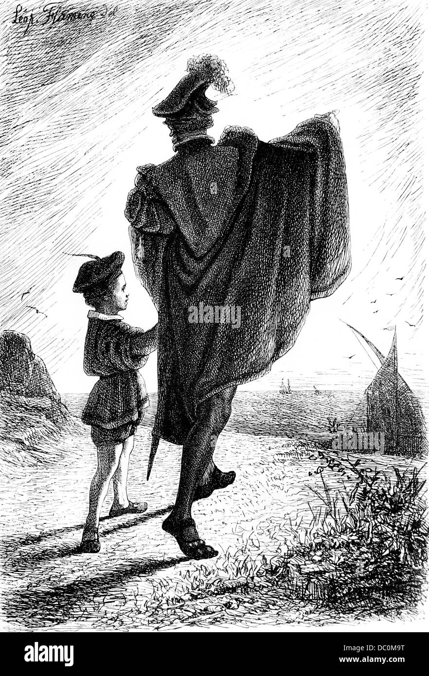 1400s 1470s CHRISTOPHER COLUMBUS CON figlio diego guardando all orizzonte scoperto nuovi WOLD 1492 VIAGGIO DI ESPLORAZIONE Foto Stock