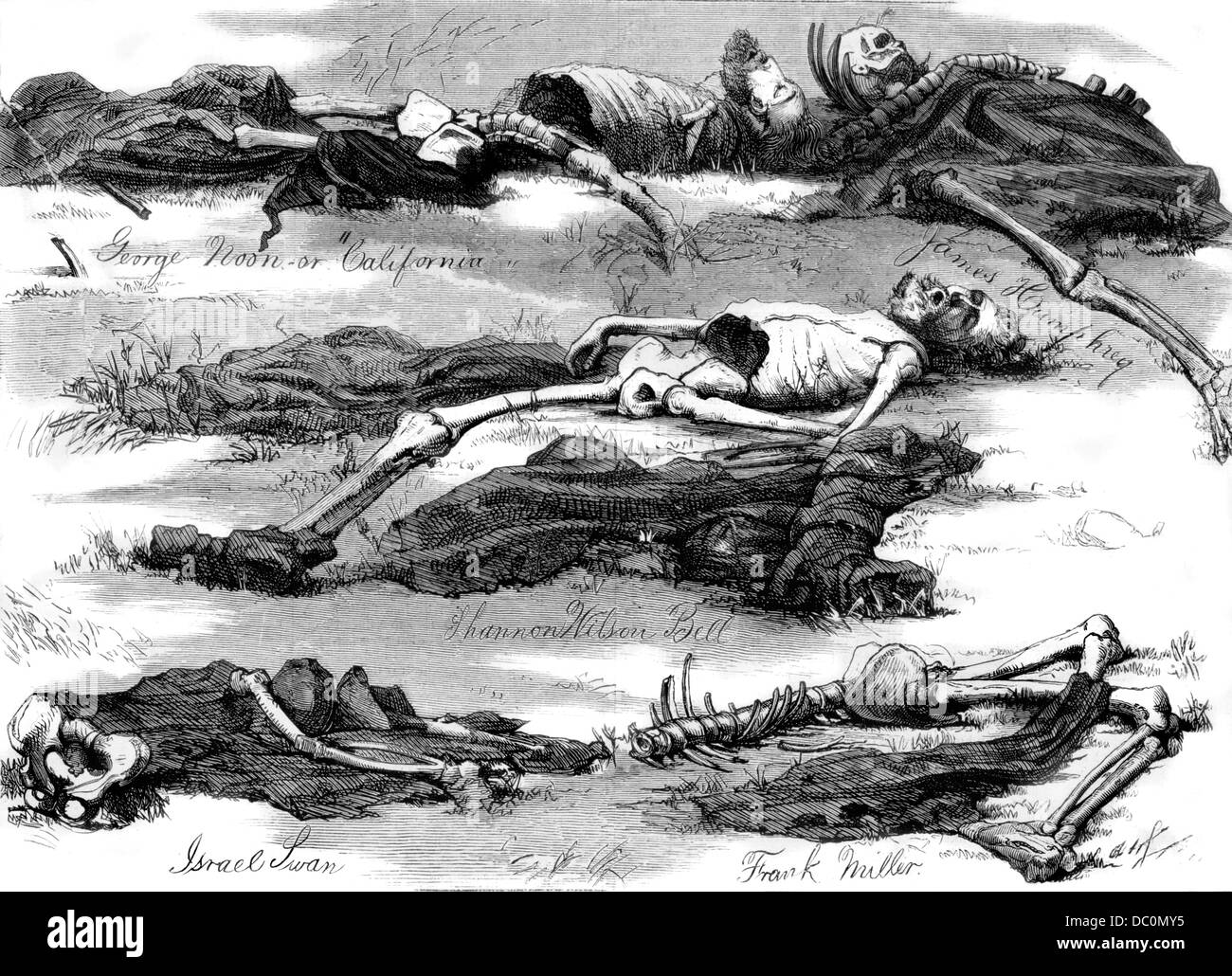 1800s 1874 corpi di disegno uomini assassinati da ALFRED IMBALLATORE SNOWBOUND PERSO CANNIBALE LA TRAGEDIA DI COLORADO Foto Stock