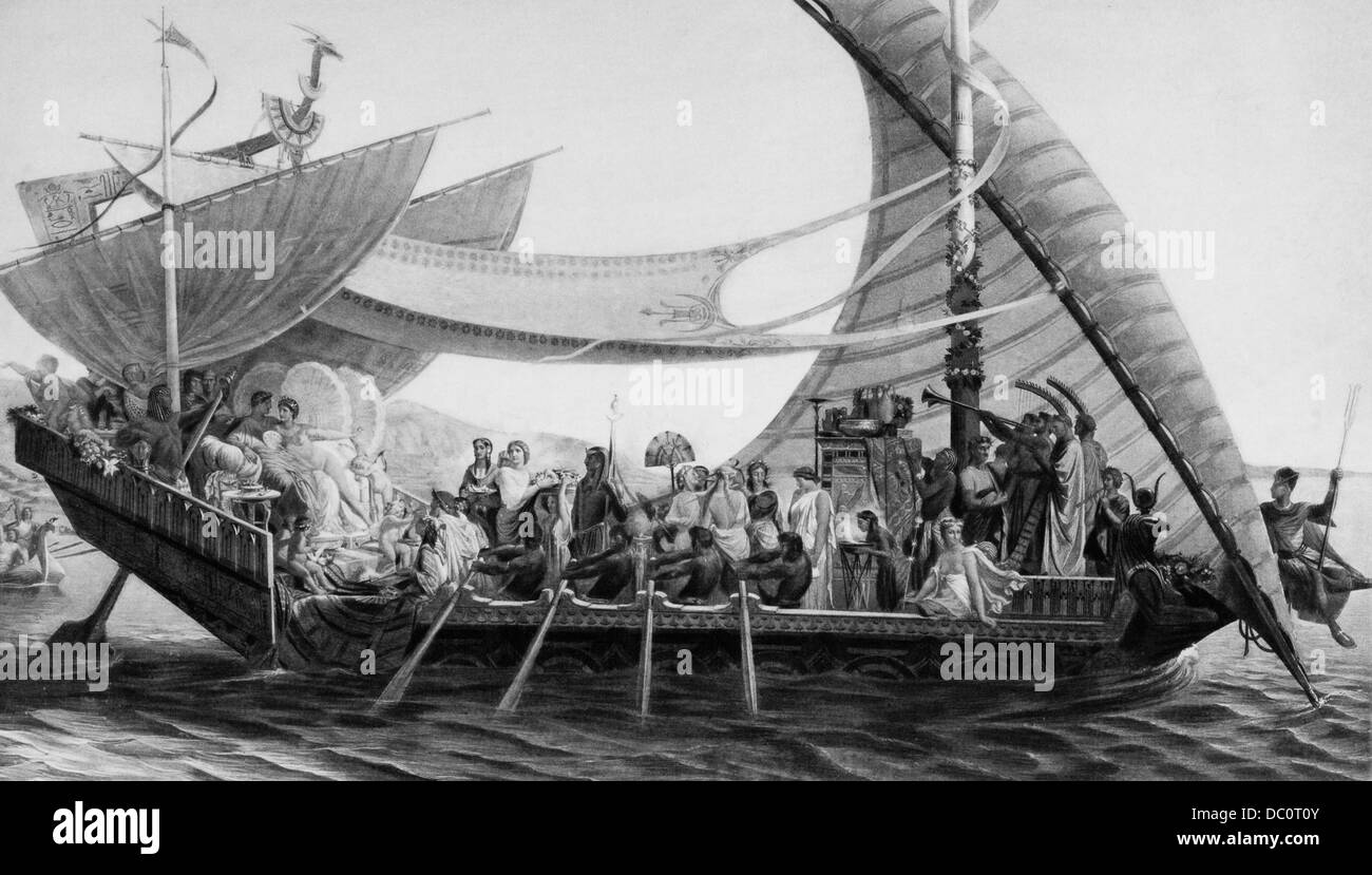 40 BC ILLUSTRAZIONE CLEOPATRA SULLA SUA CHIATTA CON ANTHONY IN EGITTO Foto Stock