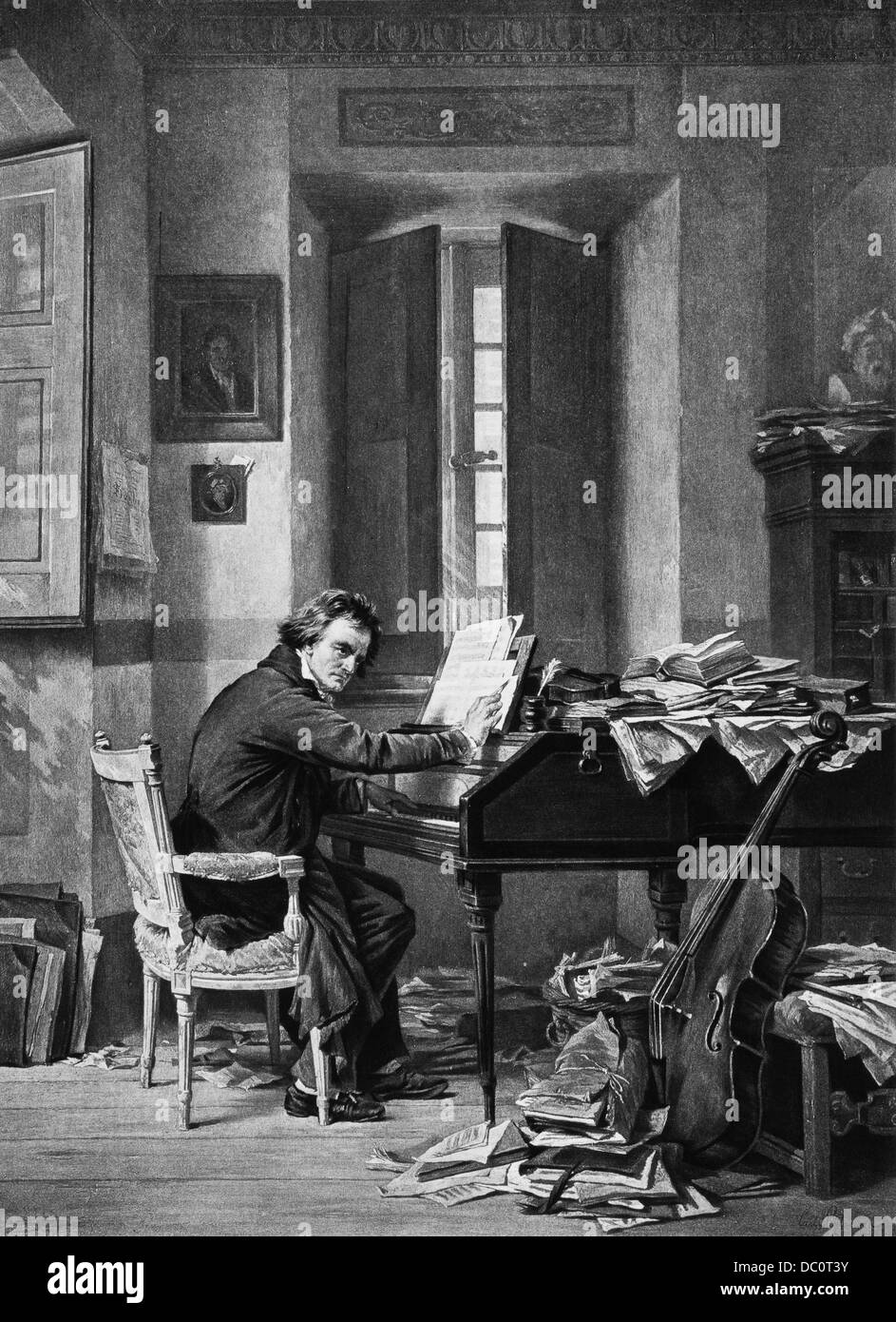 1800s 1811 dipinto di SCHLOESSER di Ludwig van Beethoven NEL SUO STUDIO A VIENNA seduto al pianoforte la composizione Foto Stock