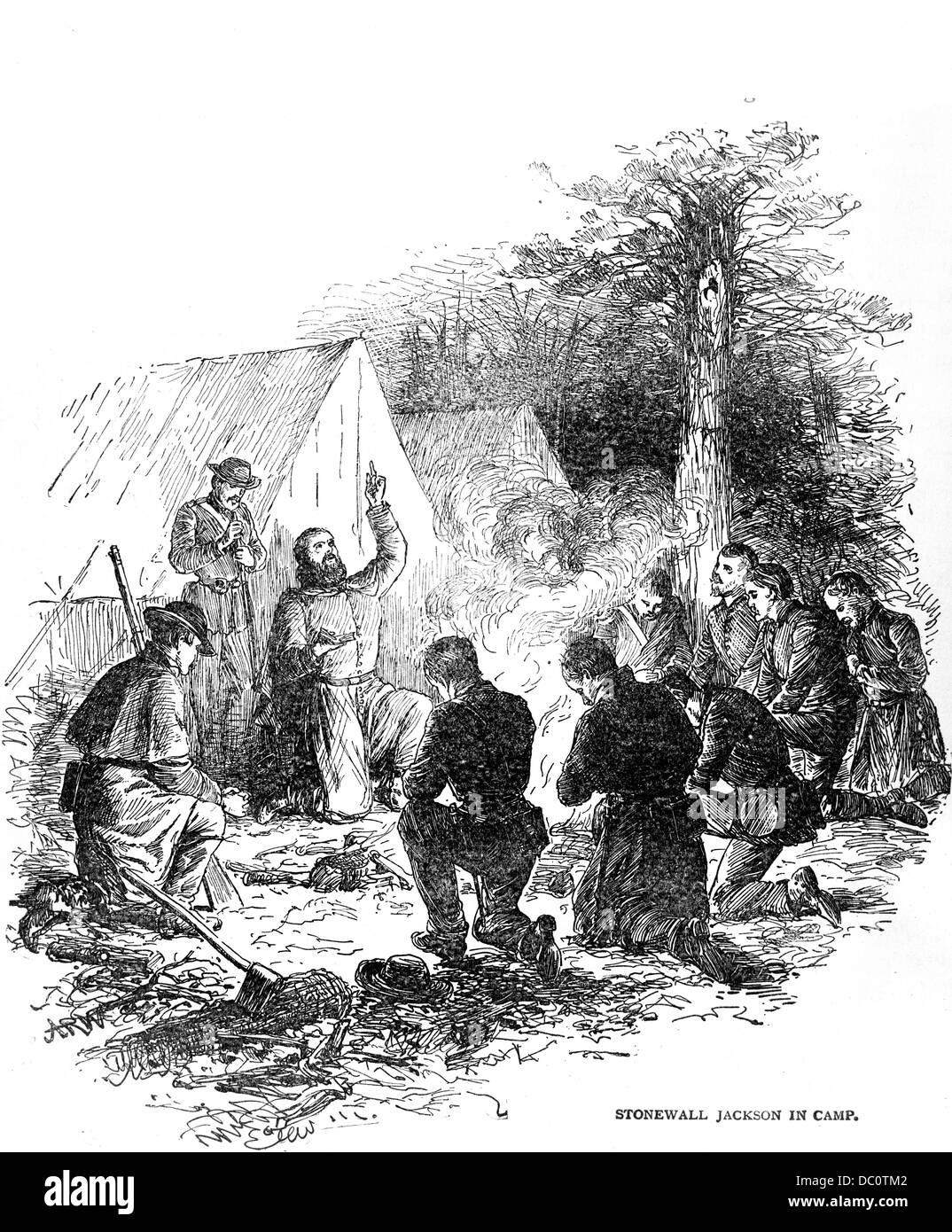1800s 1860 generale Stonewall Jackson IN CAMP pregando con i suoi uomini prima della battaglia Foto Stock