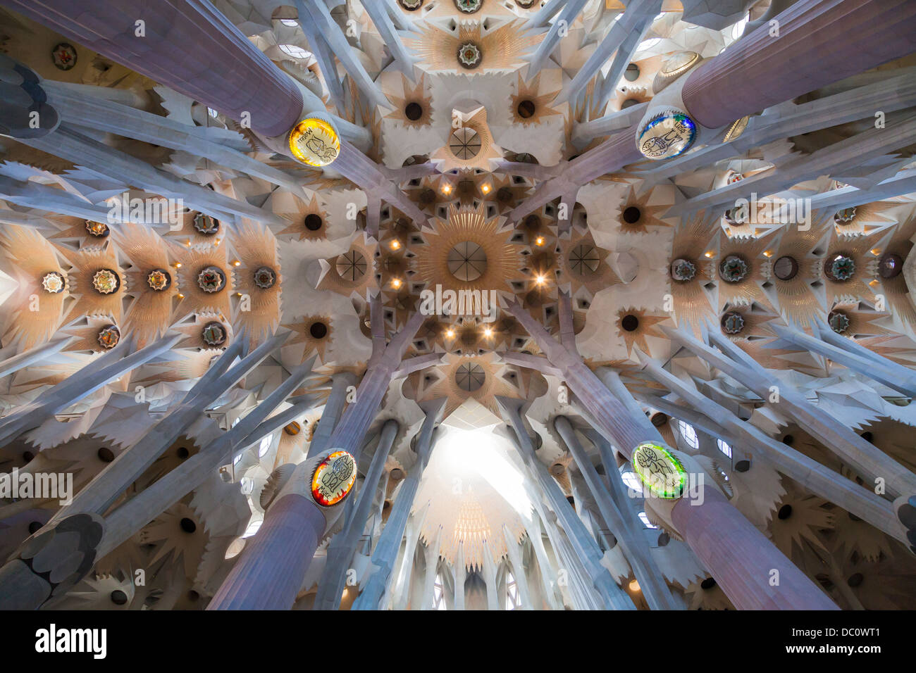 Cercando nel soffitto a volta del transetto decorativo soffitto della Sagrada Familia. Foto Stock