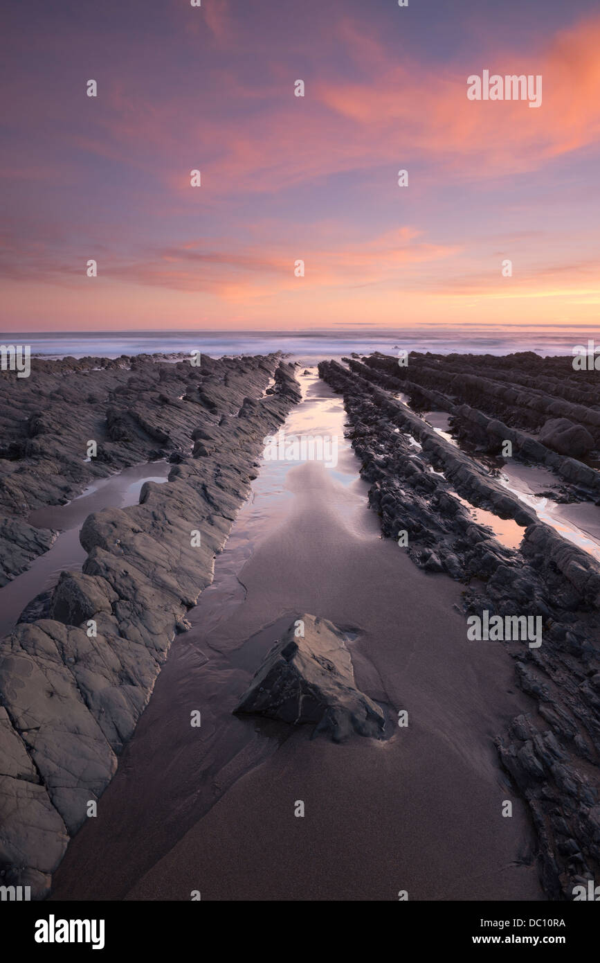 Rocce frastagliate che conducono al mare a bocca Welcombe, North Devon, Regno Unito. Foto Stock